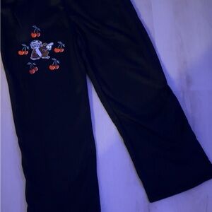 Black Pants with Cherry and Monkey Embroidery